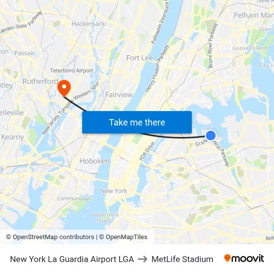 New York La Guardia Airport LGA to MetLife Stadium map
