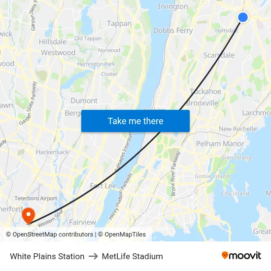 White Plains Station to MetLife Stadium map