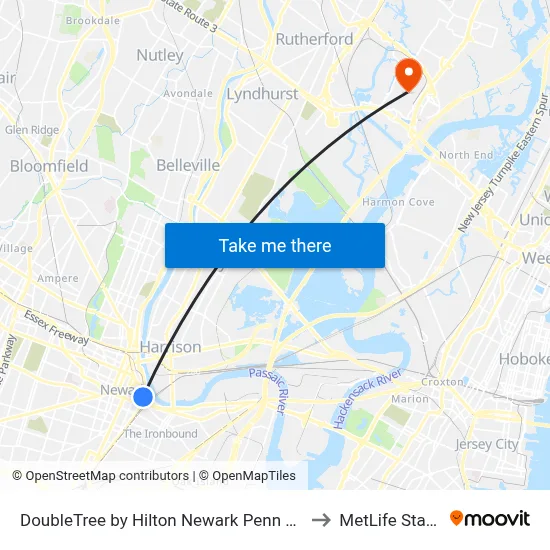 DoubleTree by Hilton Newark Penn Station NJ to MetLife Stadium map
