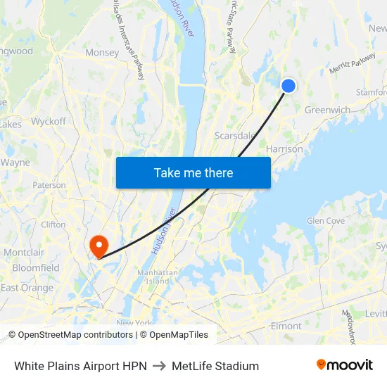 White Plains Airport HPN to MetLife Stadium map