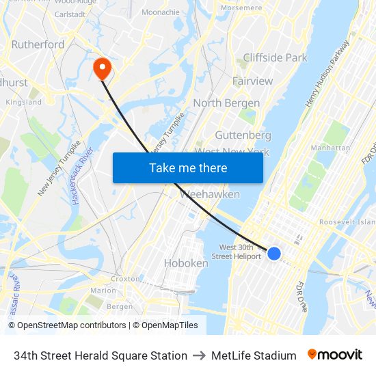 34th Street Herald Square Station to MetLife Stadium map