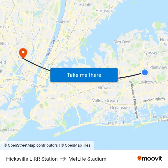 Hicksville LIRR Station to MetLife Stadium map