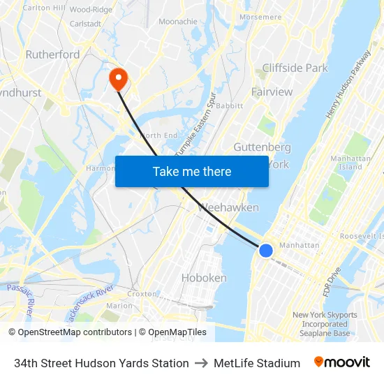 34th Street Hudson Yards Station to MetLife Stadium map