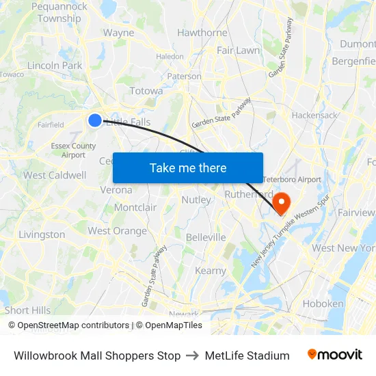 Willowbrook Mall Shoppers Stop to MetLife Stadium map