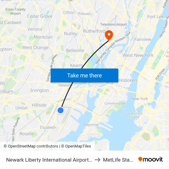 Newark Liberty International Airport Station to MetLife Stadium map