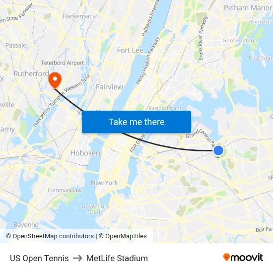 US Open Tennis to MetLife Stadium map