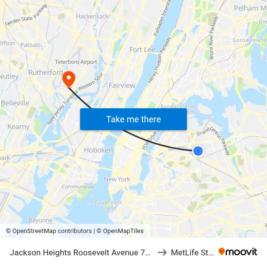 Jackson Heights Roosevelt Avenue 74th Street Station to MetLife Stadium map