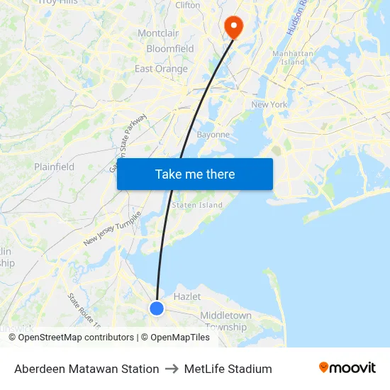 Aberdeen Matawan Station to MetLife Stadium map