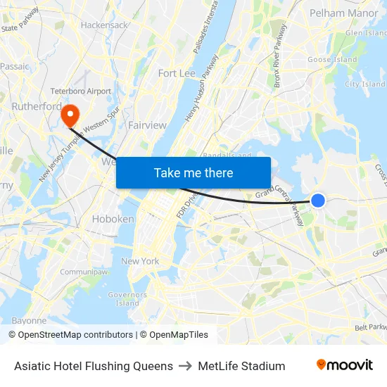 Asiatic Hotel Flushing Queens to MetLife Stadium map