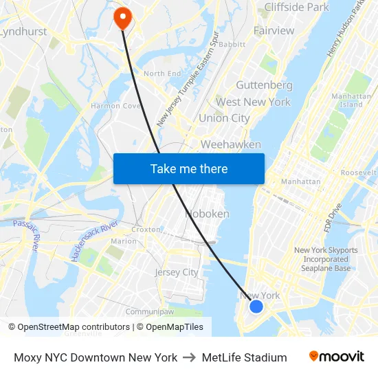 Moxy NYC Downtown New York to MetLife Stadium map