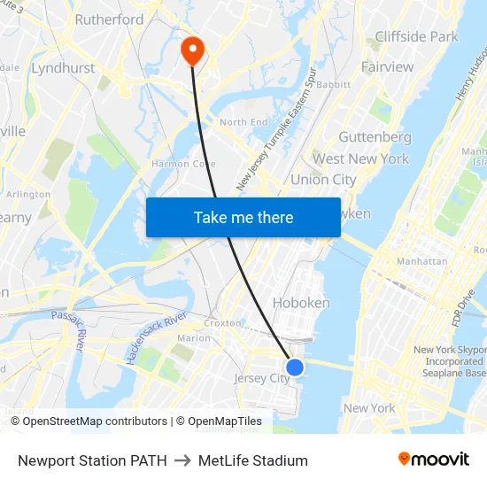 Newport Station PATH to MetLife Stadium map