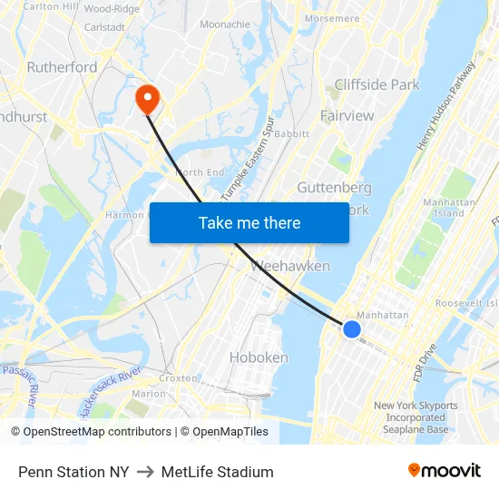Penn Station NY to MetLife Stadium map