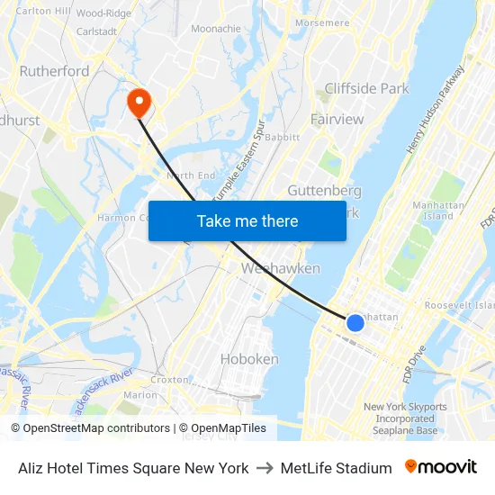 Aliz Hotel Times Square New York to MetLife Stadium map