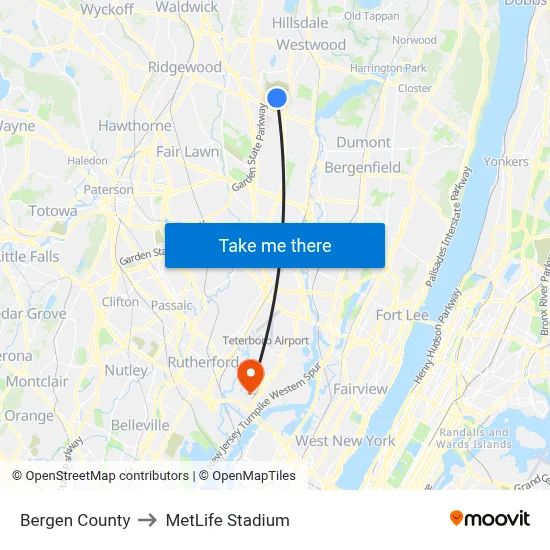 Bergen County to MetLife Stadium map