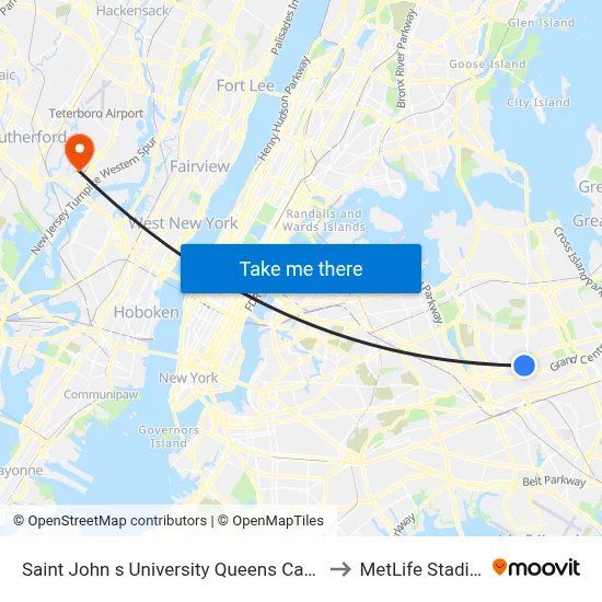 Saint John s University Queens Campus to MetLife Stadium map