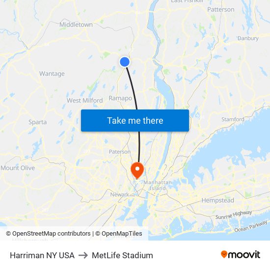 Harriman NY USA to MetLife Stadium map