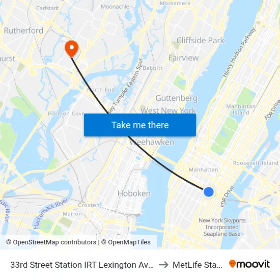 33rd Street Station IRT Lexington Avenue Line to MetLife Stadium map