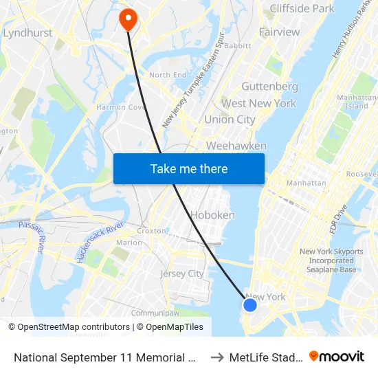 National September 11 Memorial Museum to MetLife Stadium map