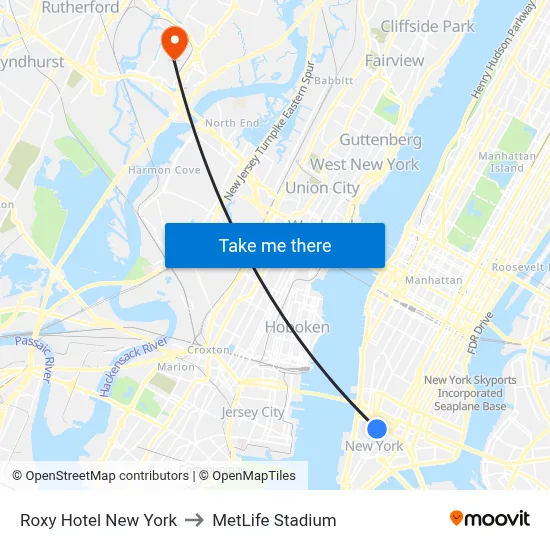 Roxy Hotel New York to MetLife Stadium map