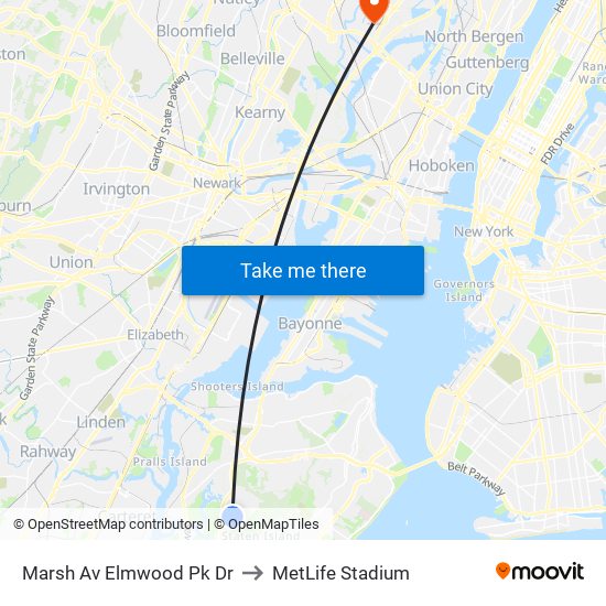 Marsh Av Elmwood Pk Dr to MetLife Stadium map