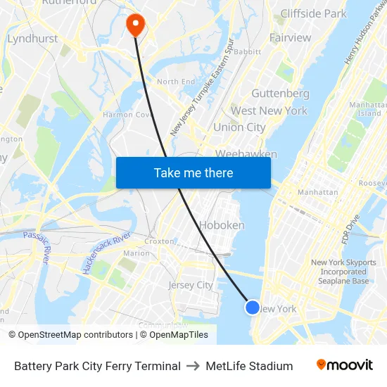 Battery Park City Ferry Terminal to MetLife Stadium map