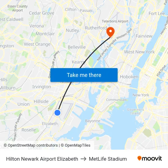 Hilton Newark Airport Elizabeth to MetLife Stadium map