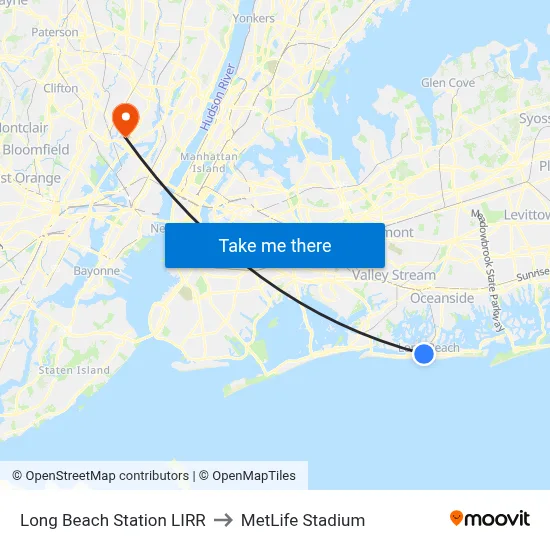 Long Beach Station LIRR to MetLife Stadium map