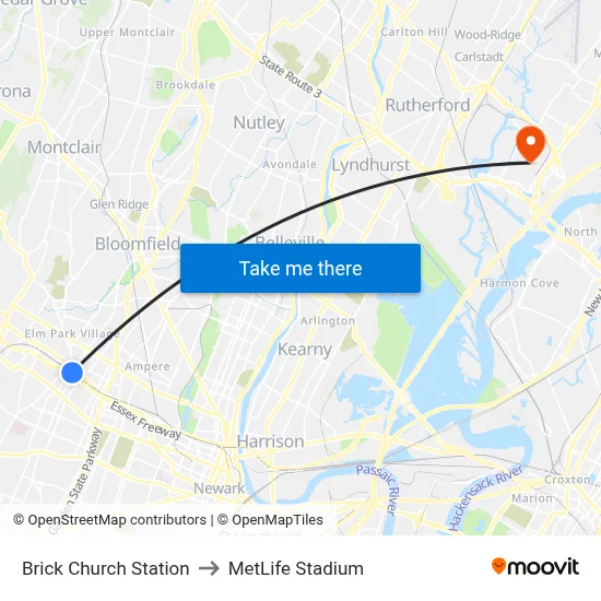 Brick Church Station to MetLife Stadium map
