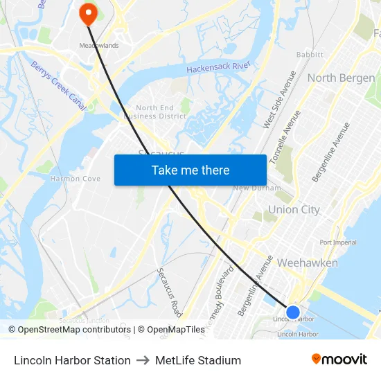 Lincoln Harbor Station to MetLife Stadium map