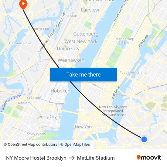 NY Moore Hostel Brooklyn to MetLife Stadium map