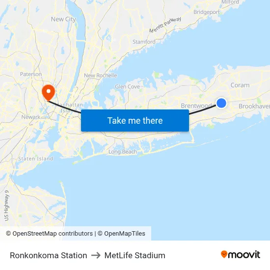 Ronkonkoma Station to MetLife Stadium map