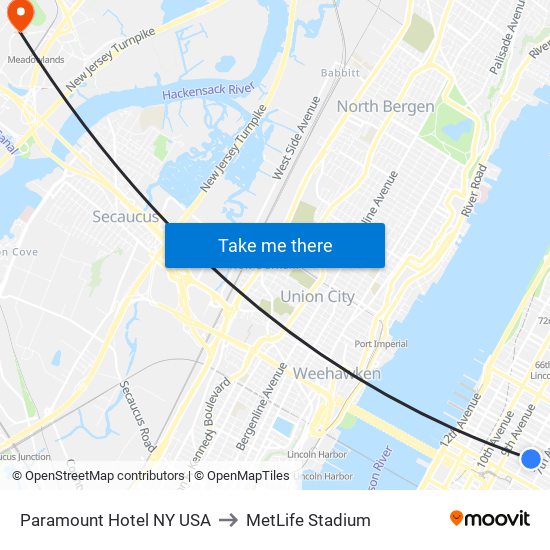 Paramount Hotel NY USA to MetLife Stadium map