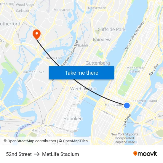 52nd Street to MetLife Stadium map