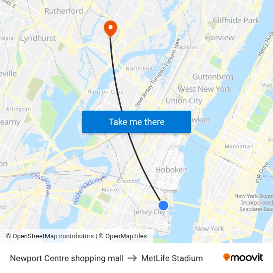 Newport Centre shopping mall to MetLife Stadium map