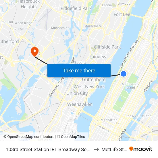 103rd Street Station IRT Broadway Seventh Avenue Line to MetLife Stadium map