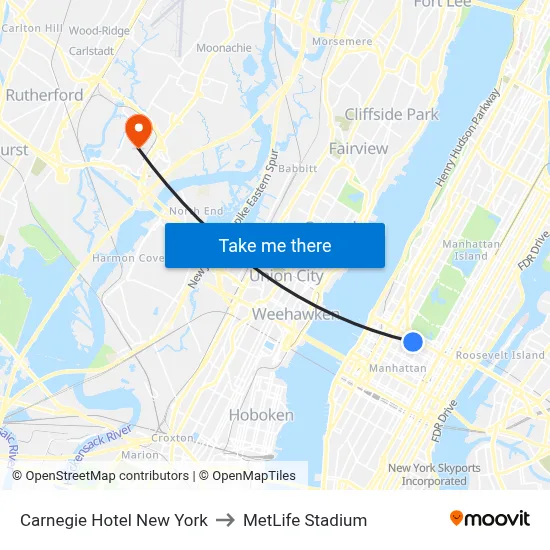 Carnegie Hotel New York to MetLife Stadium map