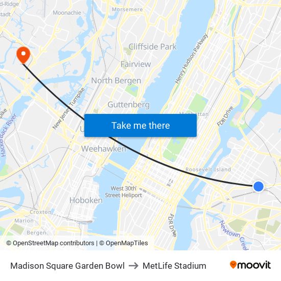 Madison Square Garden Bowl to MetLife Stadium map