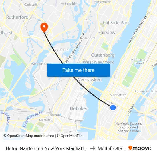Hilton Garden Inn New York Manhattan Chelsea to MetLife Stadium map