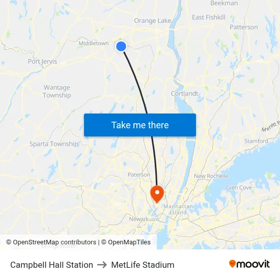 Campbell Hall Station to MetLife Stadium map