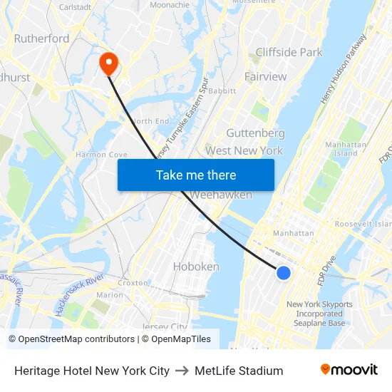 Heritage Hotel New York City to MetLife Stadium map