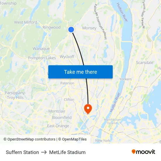 Suffern Station to MetLife Stadium map