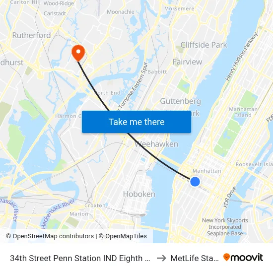 34th Street Penn Station IND Eighth Avenue Line to MetLife Stadium map
