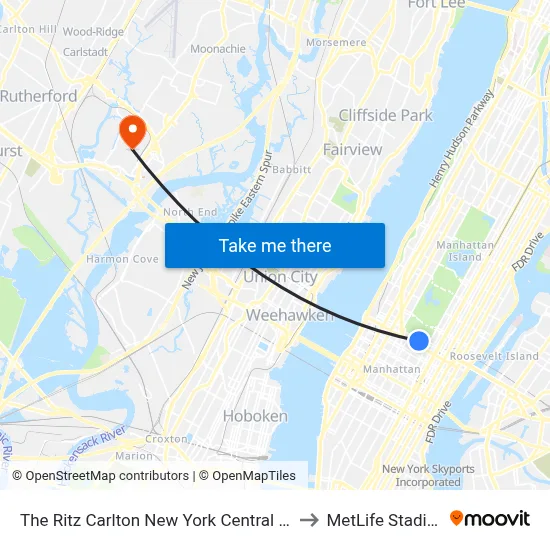 The Ritz Carlton New York Central Park to MetLife Stadium map
