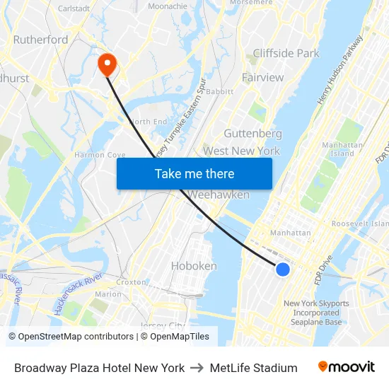 Broadway Plaza Hotel New York to MetLife Stadium map