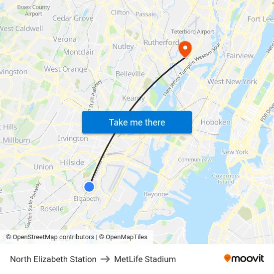 North Elizabeth Station to MetLife Stadium map
