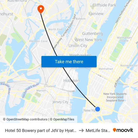 Hotel 50 Bowery part of JdV by Hyatt New York to MetLife Stadium map