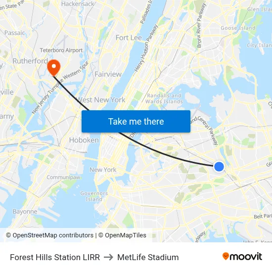 Forest Hills Station LIRR to MetLife Stadium map