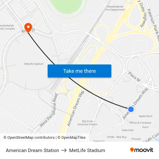 American Dream Station to MetLife Stadium map