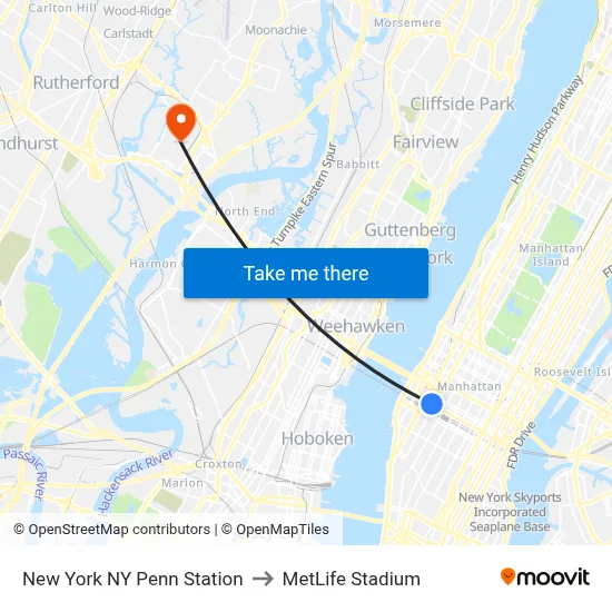New York NY Penn Station to MetLife Stadium map