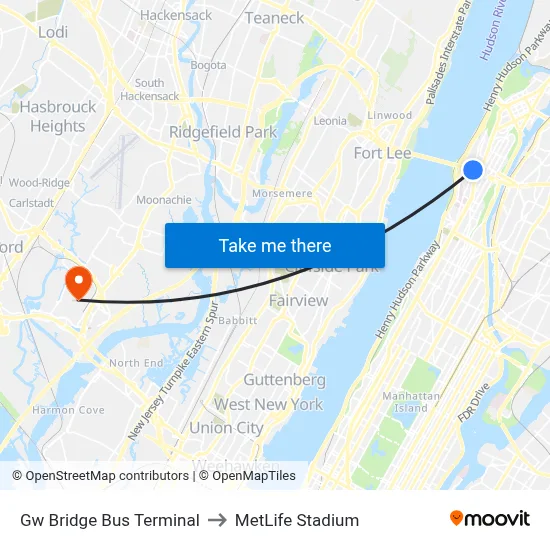 Gw Bridge Bus Terminal to MetLife Stadium map